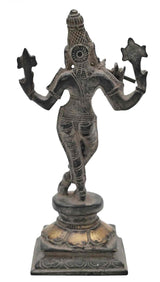 Lord Murli Krishna brass statue with haloed face and flared bangles, antique finish