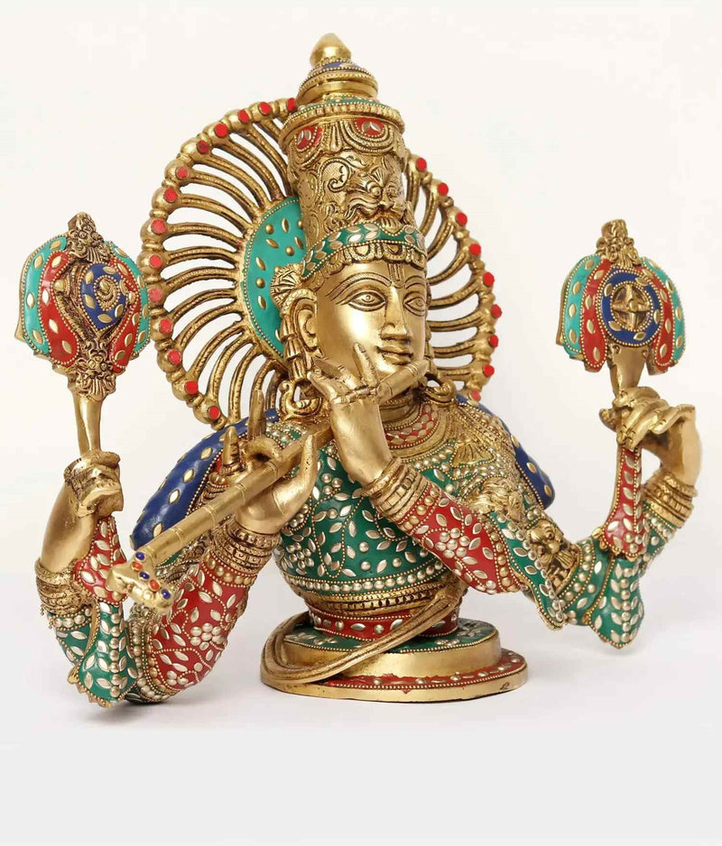 Brass Statue of Chaturbhuja Venugopal (Krishna) Bust 15 Inches