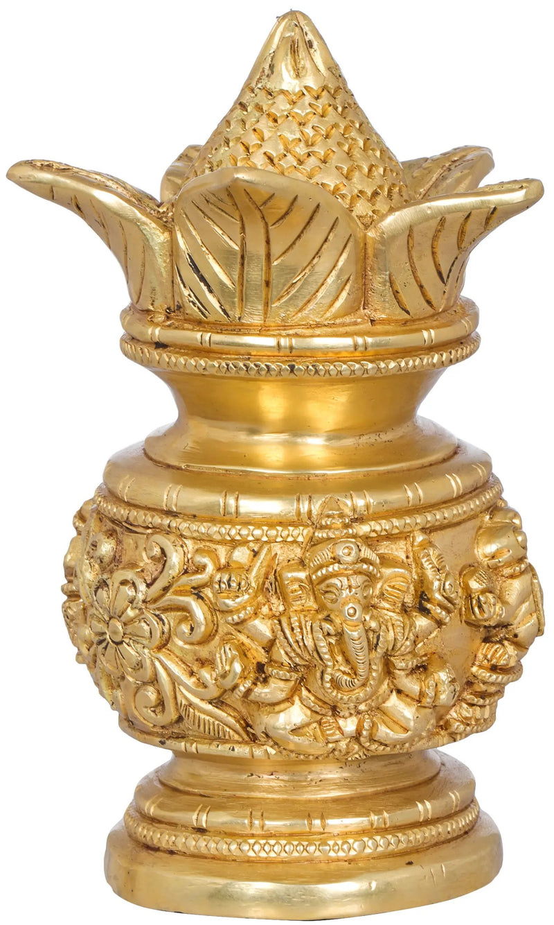 A brass statue of a coconut kalash with intricate designs, intended for Ganesha worship.