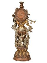 Handmade brass Murli Krishna statue, back/side view with detailed filigree, 20 inch