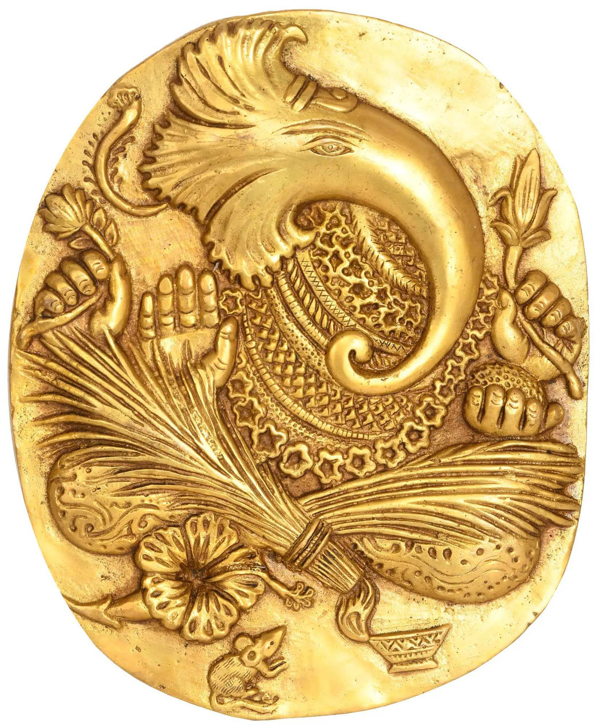 Brass wall hanging plate with embossed Lord Ganesha and floral leaf motifs