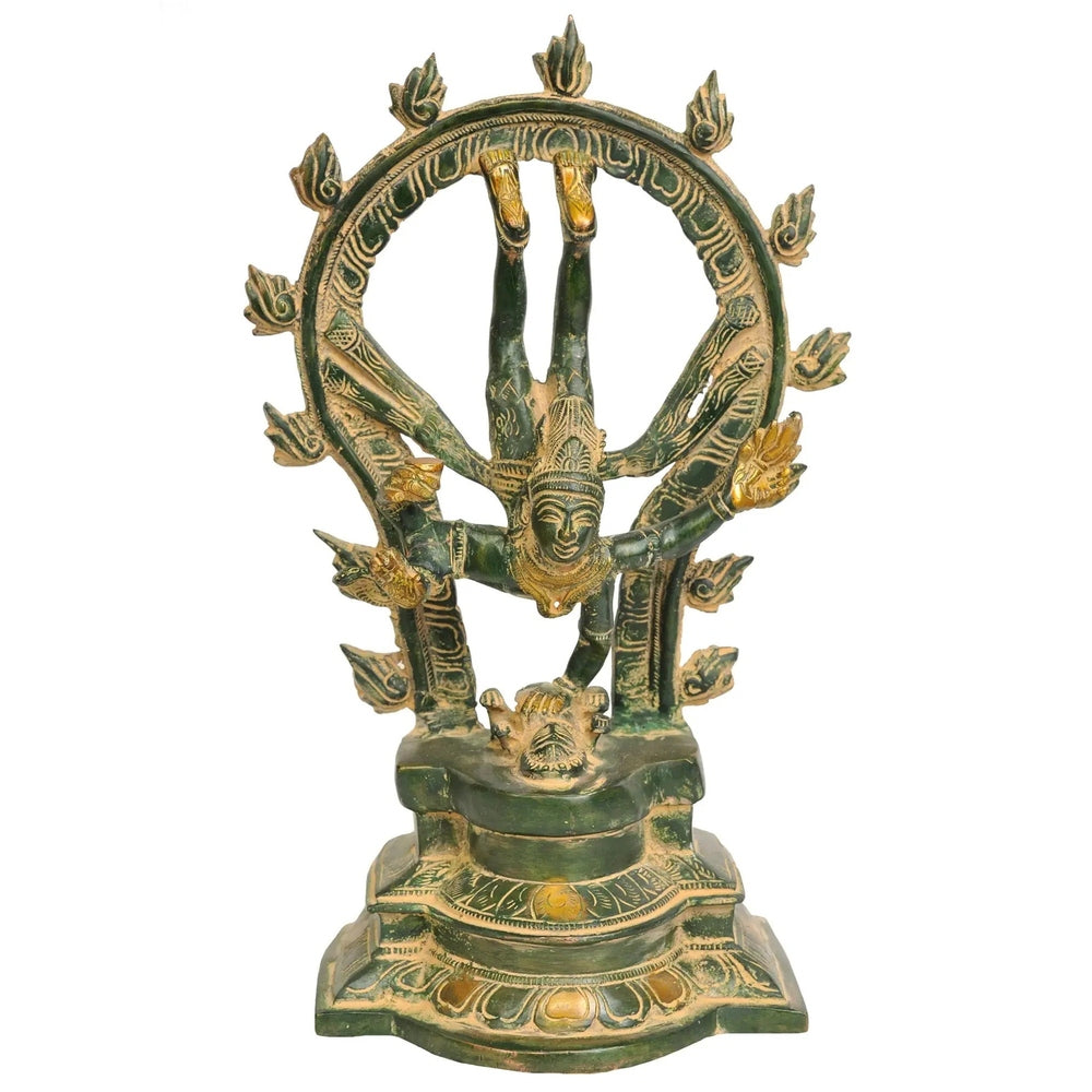 Patina brass Nataraja sculpture with circular dance halo, detailed hands and face