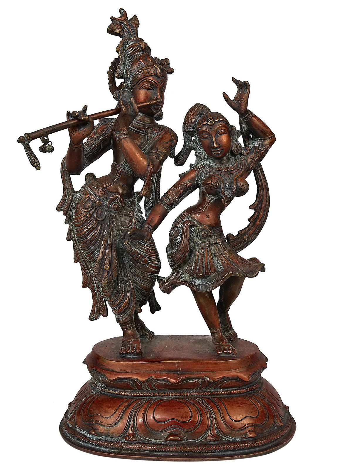 Brass statue of dancing Radha and Krishna, two figures with hands raised, 16 inches