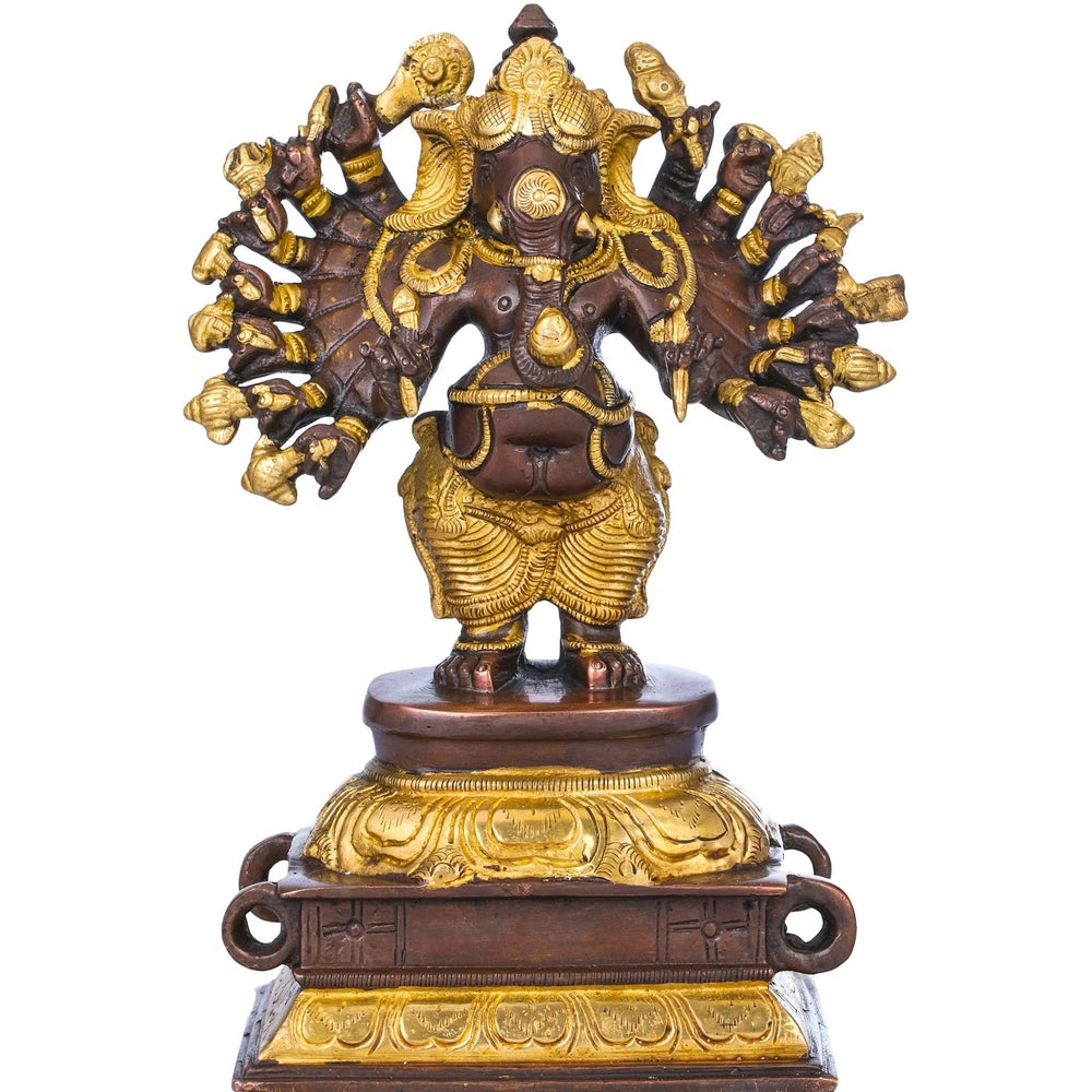 AONA 8-inch brass and dark bronze Ganesha sculpture with sixteen arms on pedestal