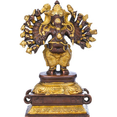 AONA 8-inch brass and dark bronze Ganesha sculpture with sixteen arms on pedestal