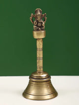 7-inch handheld brass bell with Ganesha figure on top, decorative base