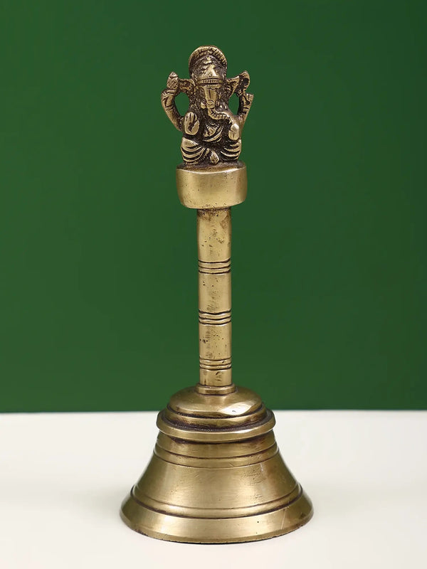 Handheld Brass Bell with Ganesha Design 7 inches