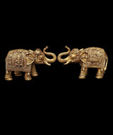 Brass elephant pair with Lakshmi & Ganesha figures, 8 in.