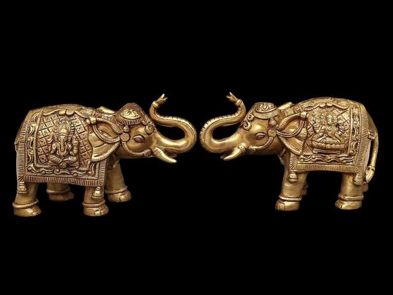 Brass Auspicious Gaja Elephant Pair with Lakshmi and Ganesha Figures 8 inches