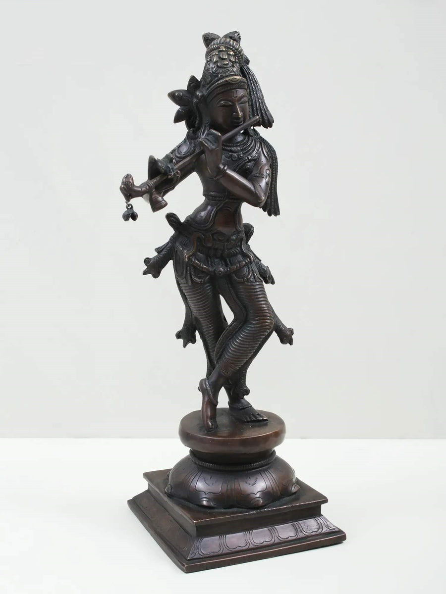 Indian Cocoa Brass Statue of Standing Lord Krishna Playing the Flute 14 inches Craft Detail