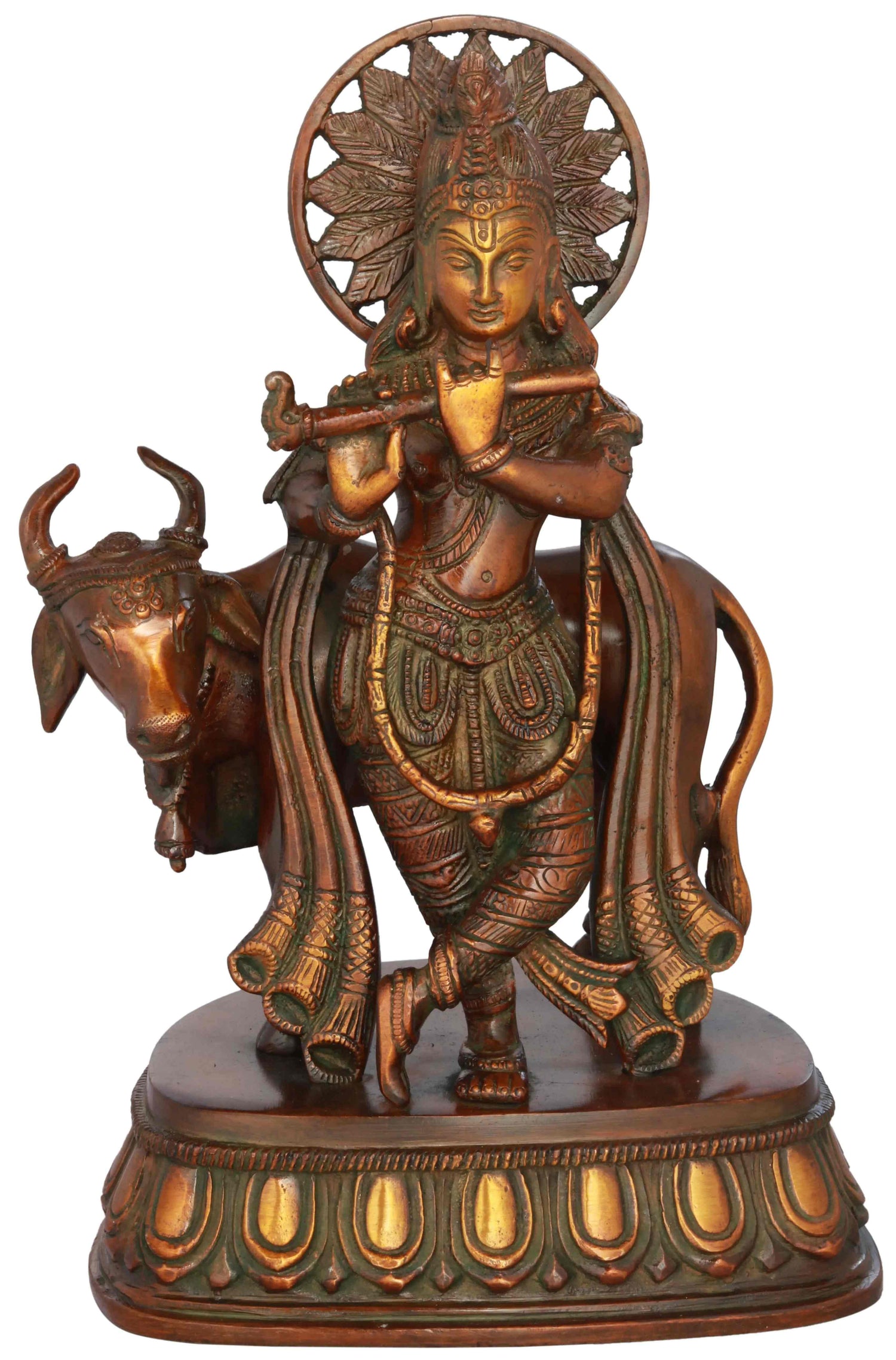 Handcrafted Double chala Brass Statue of Krishna with Cow 10 inches