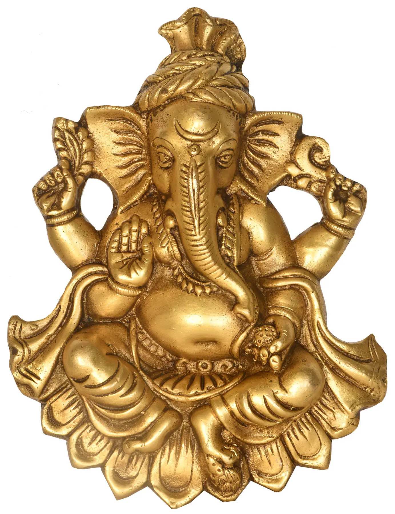 Brass wall hanging depicting Ganesha in Kamalasana posture 10 inches