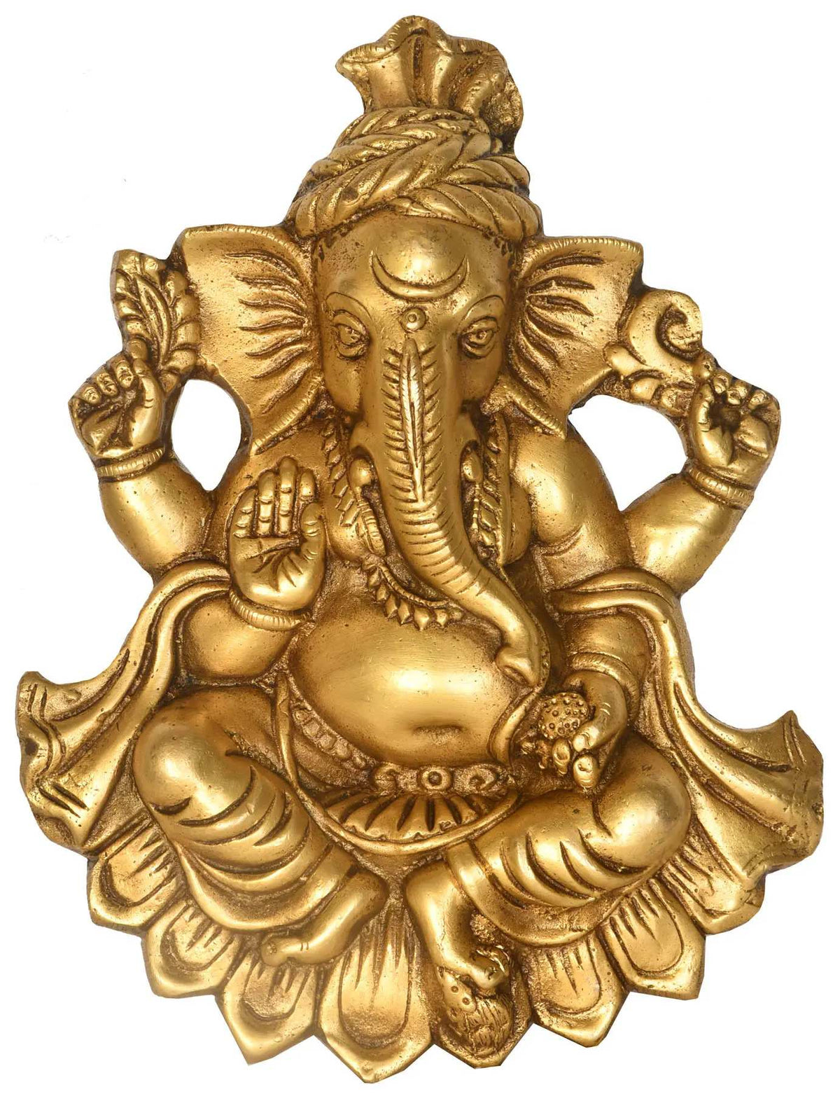 Brass wall hanging of Ganesha seated in Kamalasana, ornate details, 10 in