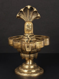 Brass Shivalinga idol on lotus pedestal, carved detail, 9-inch