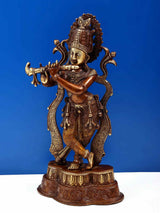 Brown brass Krishna flute statue in standing pose with tail-like ornaments, 14 inch