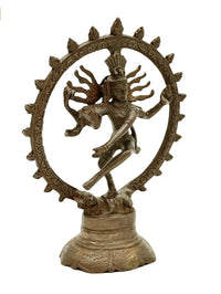 Antique brass Nataraja figurine on round pedestal, halo ring with spiked border