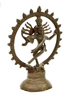 Antique brass Nataraja figurine on round pedestal, halo ring with spiked border