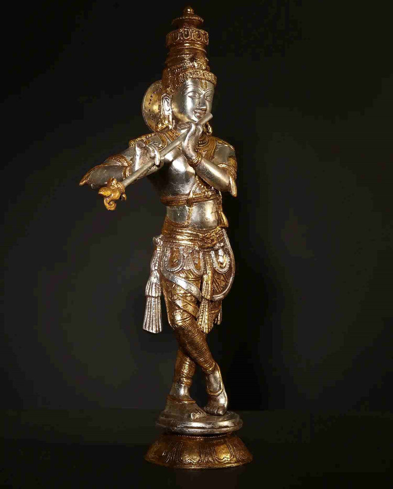 Handmade Silver and Gold Brass Statue of Shri Krishna Playing His Flute 23 Inches