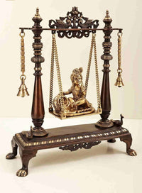 AONA brass swing with Butter Krishna statue, hanging chains, side posts and bells
