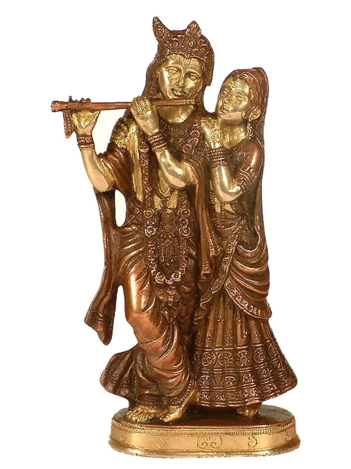 Brass Radha-Krishna double chala figurine, Krishna holding flute, Radha beside, 8 in