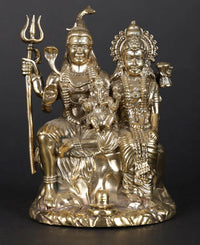 Brass figurine: Shiva with trident, Parvati with ornate crown, little Ganesha
