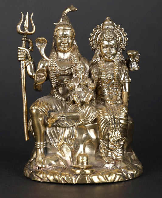 Superfine Small Lord Shiva and Parvati with Little Ganesha | Brass Statue in Multiple Sizes 10 cm