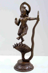 Brass Krishna statue, dancing pose with raised hand, serpent-hood pedestal