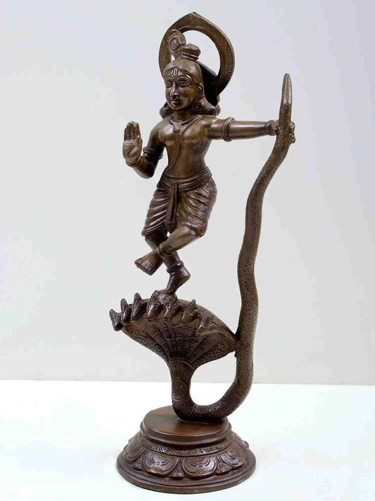 Brass Statue Depicting Kaliya Vijaya Lila of Shri Krishna 13 inches