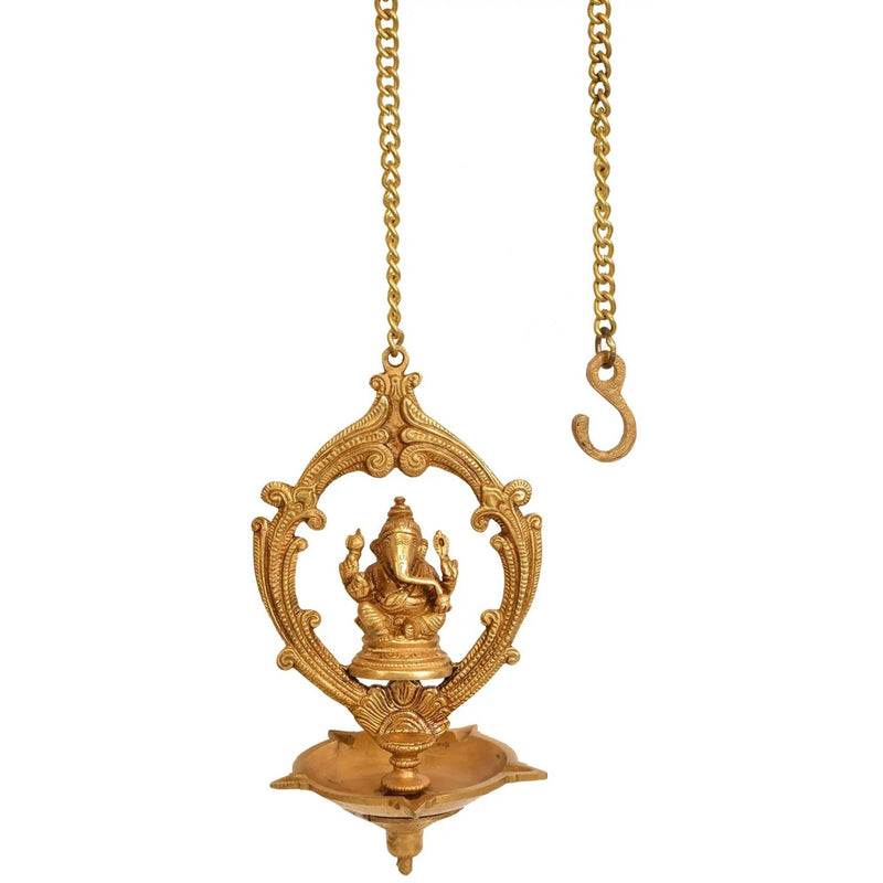 Brass Five-Wick Brass Ceiling Puja Lamp with Ganesha Design 9 inches