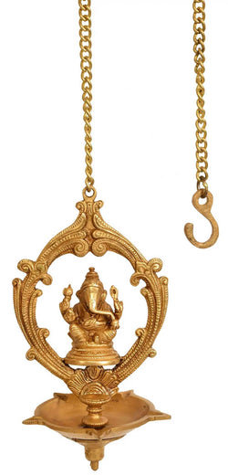 Brass Five-Wick Brass Ceiling Puja Lamp with Ganesha Design 9 inches