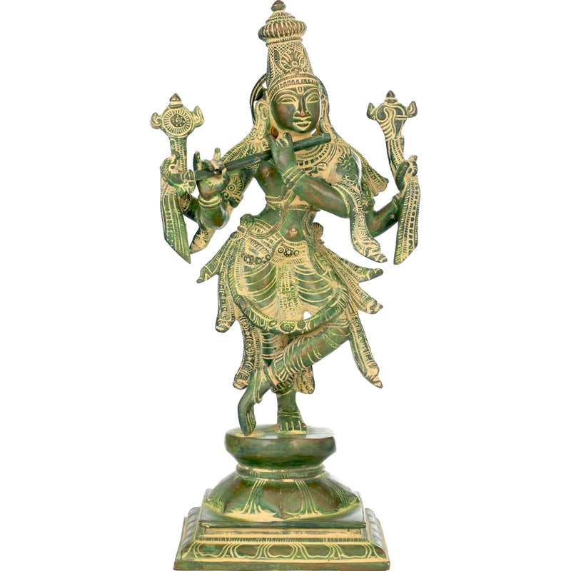 Blue Gold Handmade Brass Statue of Lord Krishna | God Idol for Temple 12 inches