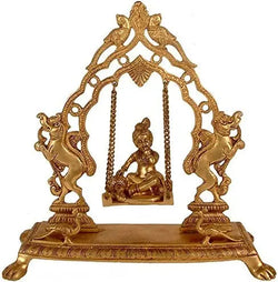 Handmade Brass Sculpture of Bala Gopala on the Swing 13 inches