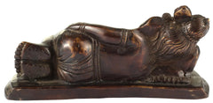 Antique brass Ganesha relaxing statue side profile, carved drapery and feet