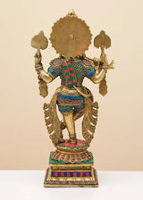Brass Krishna back view, flute in hand, detailed waist ornaments and jeweled band