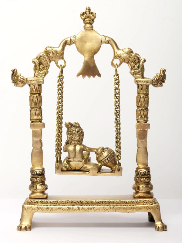 Brass Statue of Laddu Gopal on a Swing (Jhula) 12 Inches Study Setting