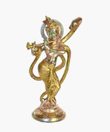 Handcrafted brass sculpture of Lord Krishna with Kaliya, 15-inch standing figure