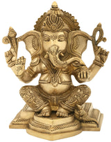 Handmade brass Lord Ganesha statue, Abhaya Mudra, detailed seated pose, 7 inch