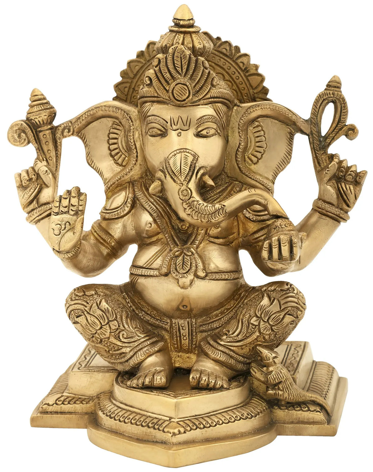 Handmade brass Lord Ganesha statue, Abhaya Mudra, detailed seated pose, 7 inch