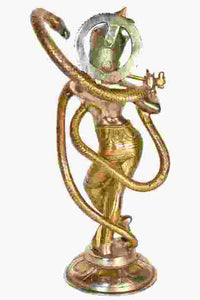 Handcrafted brass sculpture of Lord Krishna and Kaliya, side view with raised arms