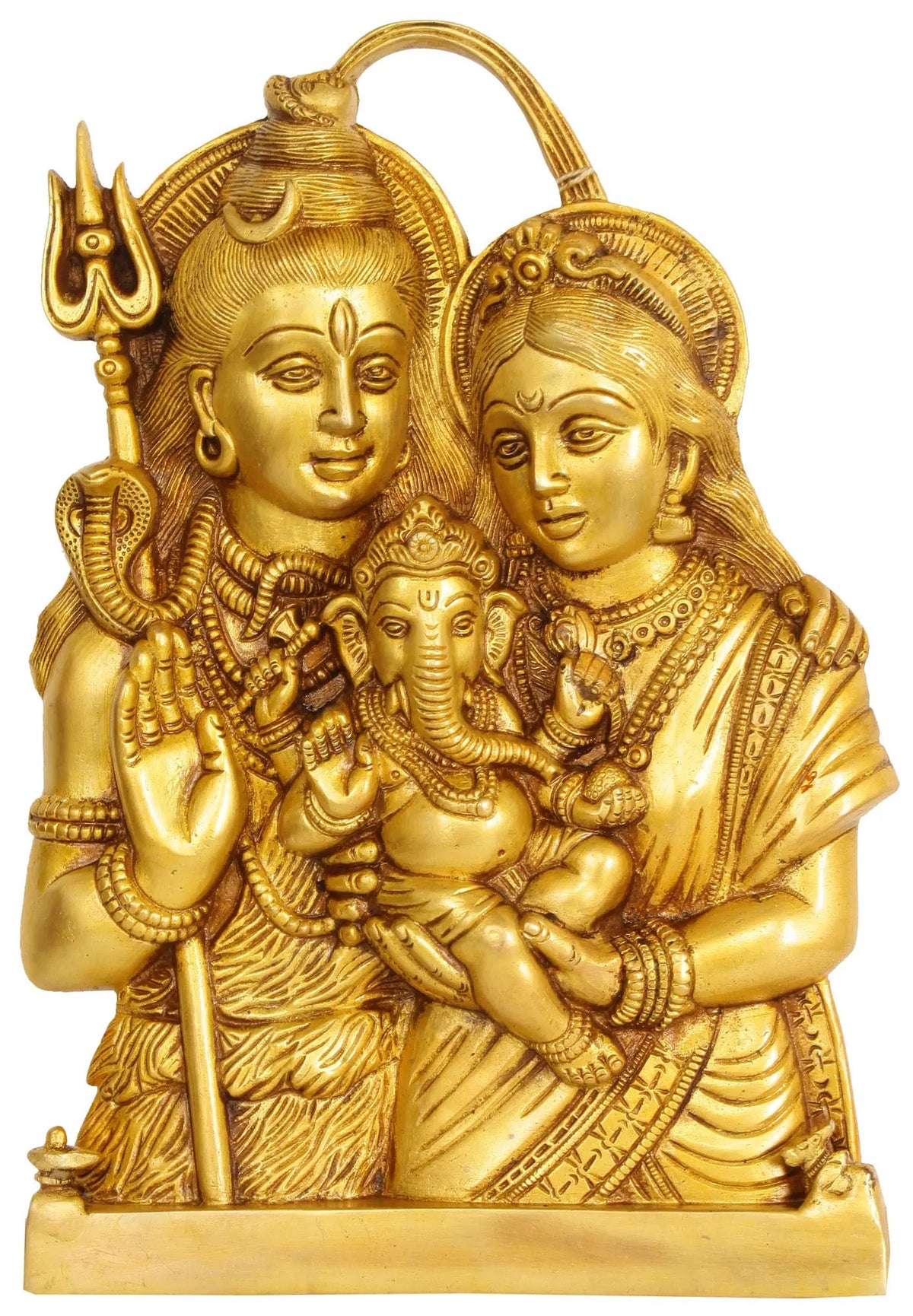 Brass wall hanging statue of Baby Ganesha on Shiva and Parvati’s lap, 12 in