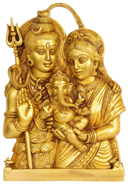 Wall Hanging Brass Statue of Baby Ganesha in the Lap of Shiva Parvati 12 inches