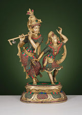 Brass Radha-Krishna dancing sculpture with red-green inlay work, full figure
