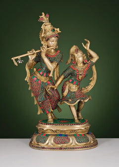 Brass Radha-Krishna dancing sculpture with red-green inlay work, full figure