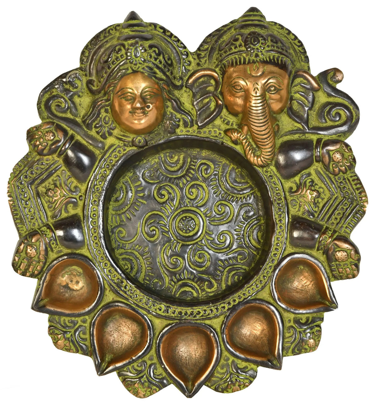 Brass diya plate with Lakshmi and Ganesha relief, ornate oil-cup edge