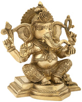 AONA handmade brass Lord Ganesha statue with Abhaya Mudra, ornate arms, 7 inch