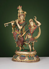 Bronze-toned brass Radha-Krishna dancing sculpture with colorful inlay, 16 in