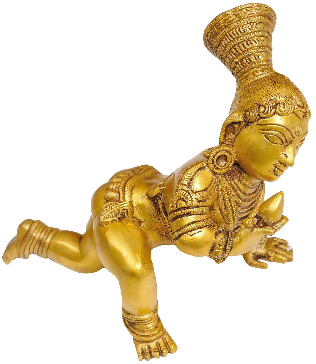 Baby Krishna figurine eating butter, tribal hairstyle, 9-inch gold-tone