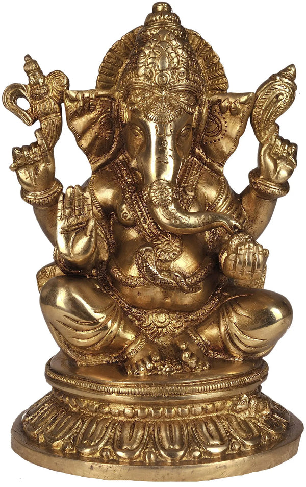 Brass Statue of Lord Ganesha Delighting in Modak 8 inches