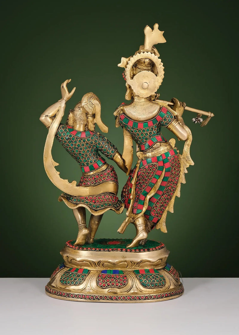 Handmade Brass Sculpture of Dancing Radha Krishna with Inlay Work 16 Inches