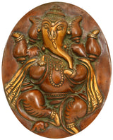 Brass wall hanging plate with detailed Lord Ganesha relief, 8 in
